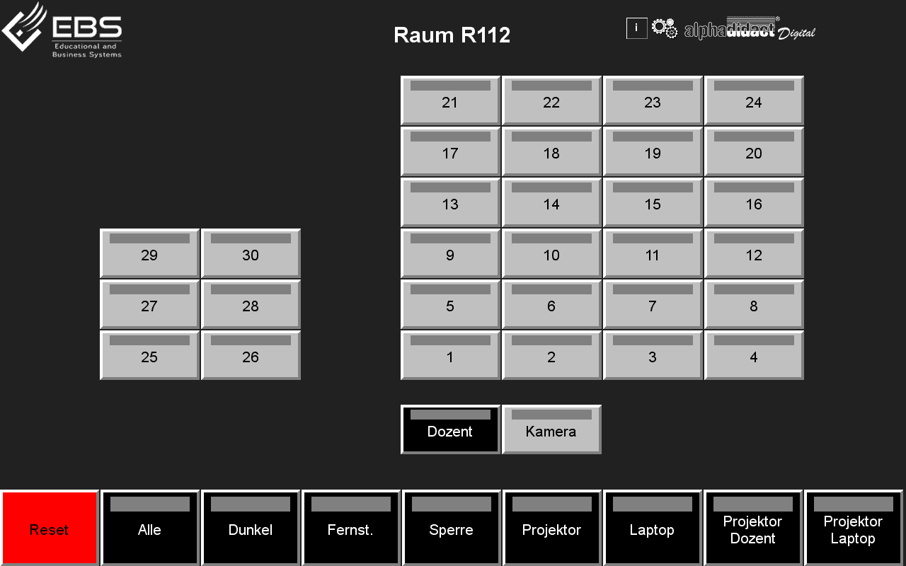 alphadidact® Digital Touchscreen – Großraum mit 30 Teilnehmern