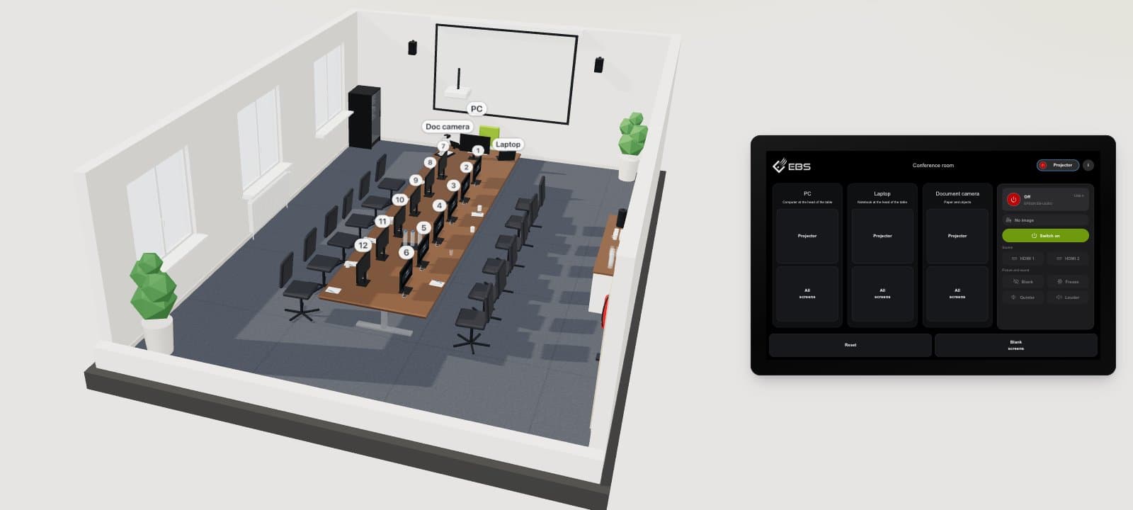 alphadidact live demo: virtual conference room in 3D with touch panel