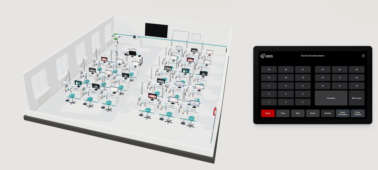 Démo en direct d'alphadidact : laboratoire de simulation dentaire virtuel en 3D avec écran tactile